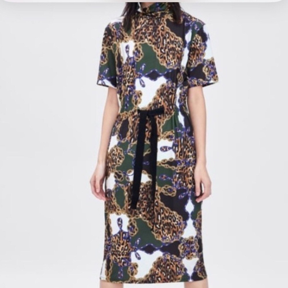 Chain Leopard‎ Print Midi Dress Mock Neck Short Sleeve Belted Olive Green